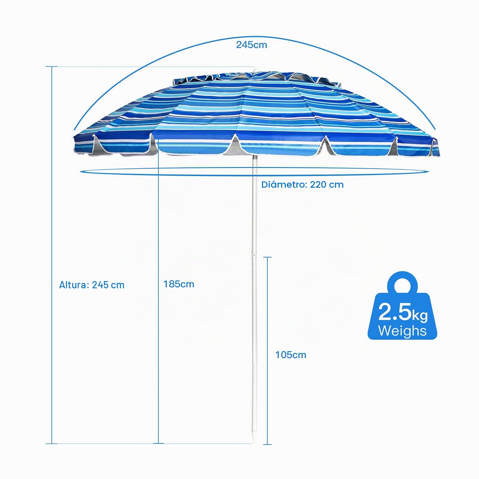 KOMFOTTEU Sombriilla de Playa Ajustable de 243 cm, Parasol de Jardín con Protección Solar, Sombrilla de Terreza con Fundo Puntiaguda, Sombra de Patio Plegable con Bolsa de Transporte