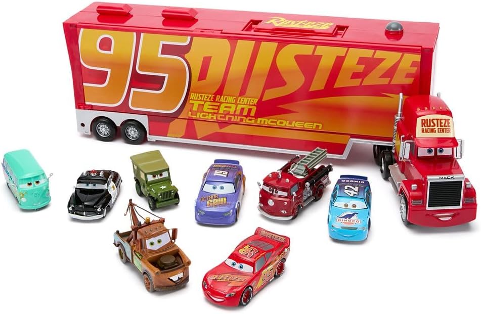 Disney Store Official Mack Hauler Play Set - Light & Sound Mack Carrier with 8 Pullback Die Cast Vehicles - Red, Fillmore, Lightning McQueen, Bobby Swift, Cal Weathers, Sarge, Sheriff & Tow Mater