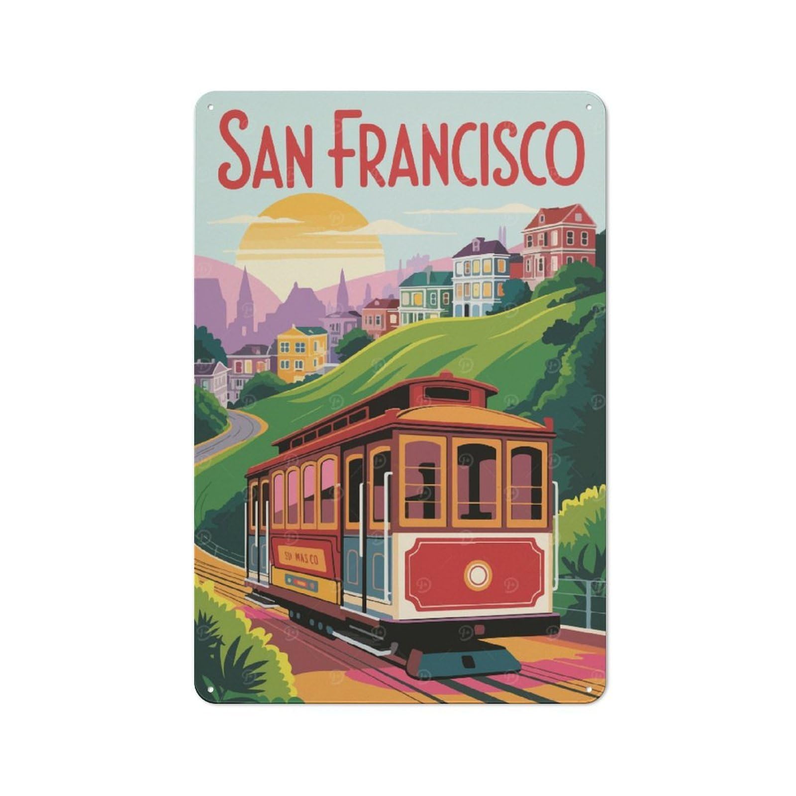 Junmoney San Francisco Cable Car Travel Printed Metal Sign 30X20cm For Hobby Room Or Studio, Gift Idea At Christmas For Creative Interior Collectors