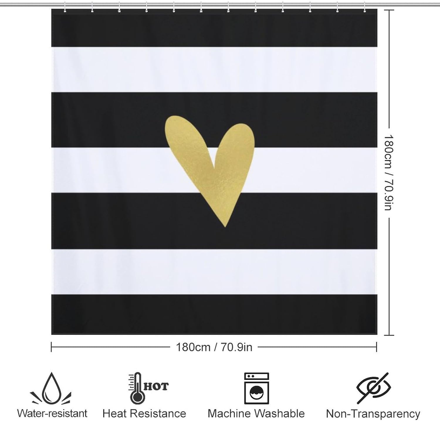 Shower Curtain Liner Set, Gold Heart Black White Waterproof Washable Fabric Shower Curtain for Bathroom Bathtub Decor 72 x 72inch