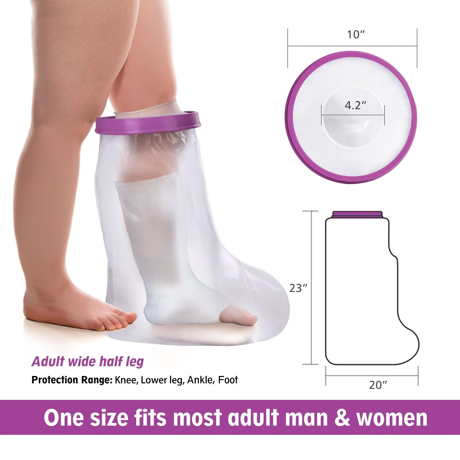 Waterproof Extra Wide Leg Cast Cover for Shower Adults, Extra Large Leg Shower Cover, Watertight Foot Protector for Plus Size Adults Surgery Shower Boot Purple