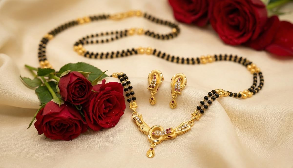 1 Gram American Diamond Mangalsutra With Earring for Women | Stylish 1gm Gold Plated Long Mangal Sutra | CZ AD Pendant Necklace Design | One Gram Gold Polish 24 -Inch Black Chain Jewellery for Women | Nallapusalu 1 gram Mangalsutra no. 10