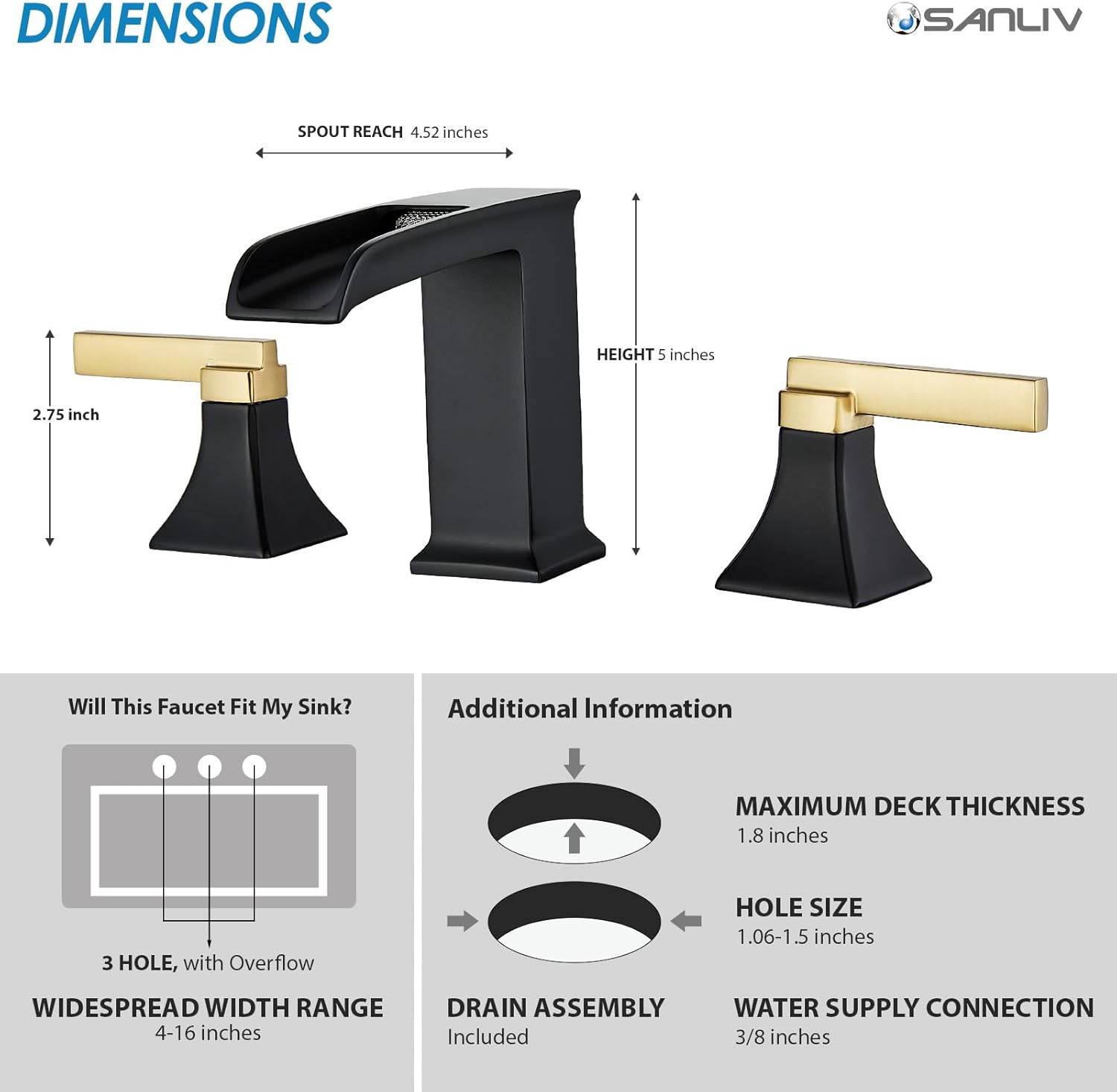 Black and Gold Bathroom Faucet 3 Hole, Sanliv Waterfall Bathroom Faucet, 8 Inch Widespread Bathroom Sink Faucet, Modern Two Handle Vanity Faucets with Pop Up Drain Black and Gold