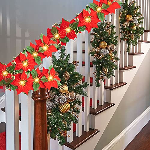 Dazzle Bright 2 Pack 7 Ft Christmas Poinsettia Flowers Garland Decorations, 10 Led Lighted Artificial Velvet String Lights With Red Berries, Xmas Ornaments For Indoor Outdoor Fireplace Decor #TOP3