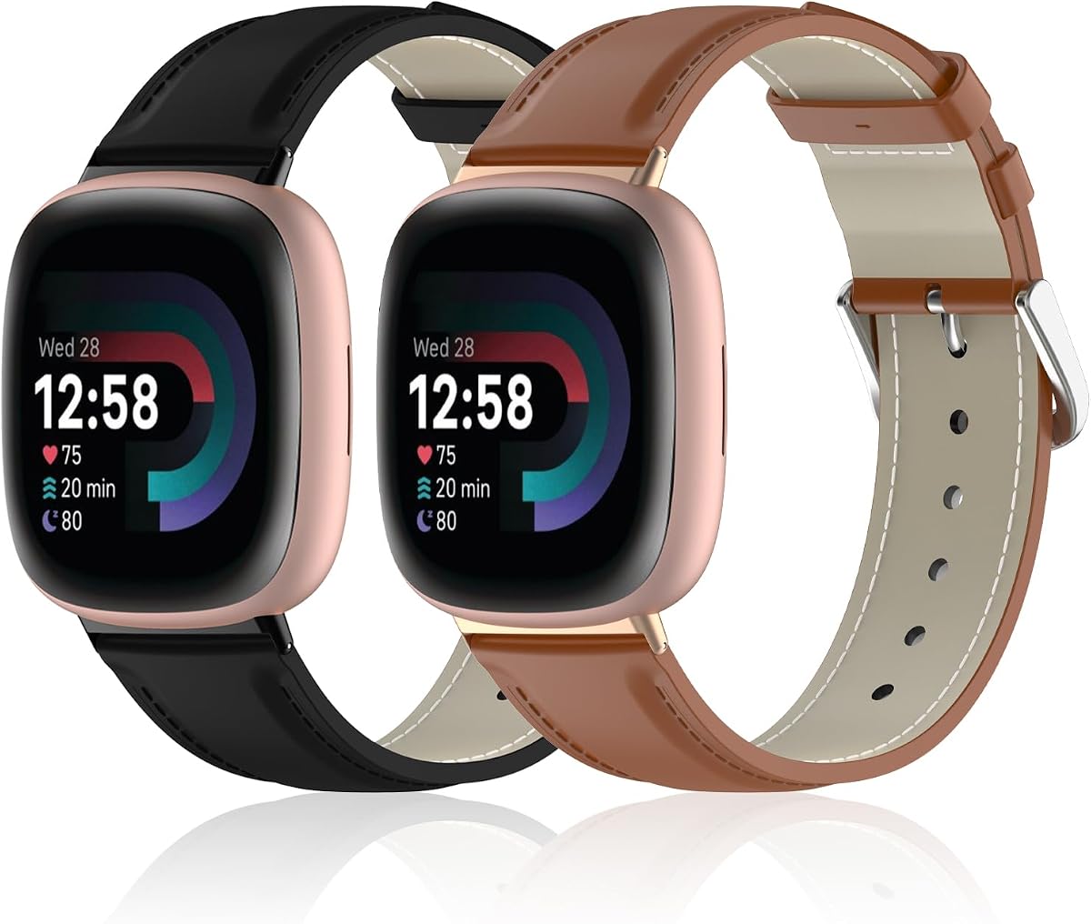 2 Pack Leather Bands Compatible with Fitbit Versa 3/Sense Smartwatch, Soft Genuine Leather Replacement Wristband for Women & Men