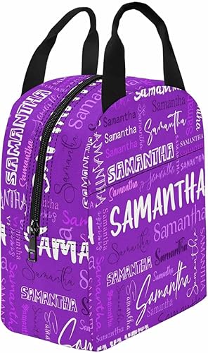 Bolsa de almuerzo con nombre personalizado, patrón de texto blanco y morado, bolsa de almuerzo aislada personalizada para Dauhgter Son lonchera