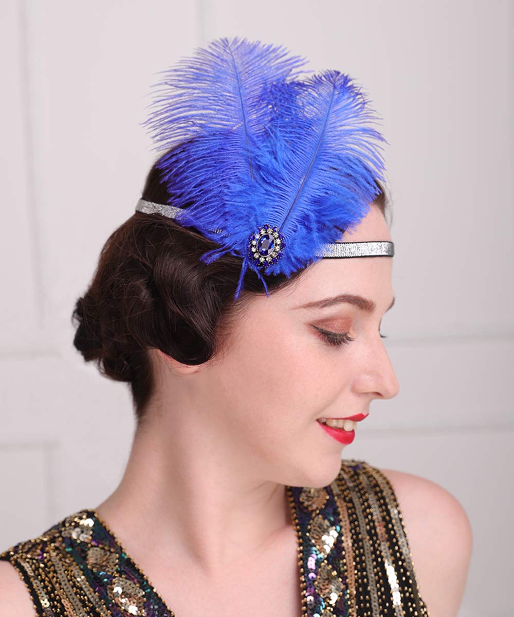 Anglacesmade 1920s Flapper Peacock Feather Headband Royal Blue with Elastic Band Costume Feather Headpiece Great Gatsby Hair Jewelry for Women and Girls - Image 2