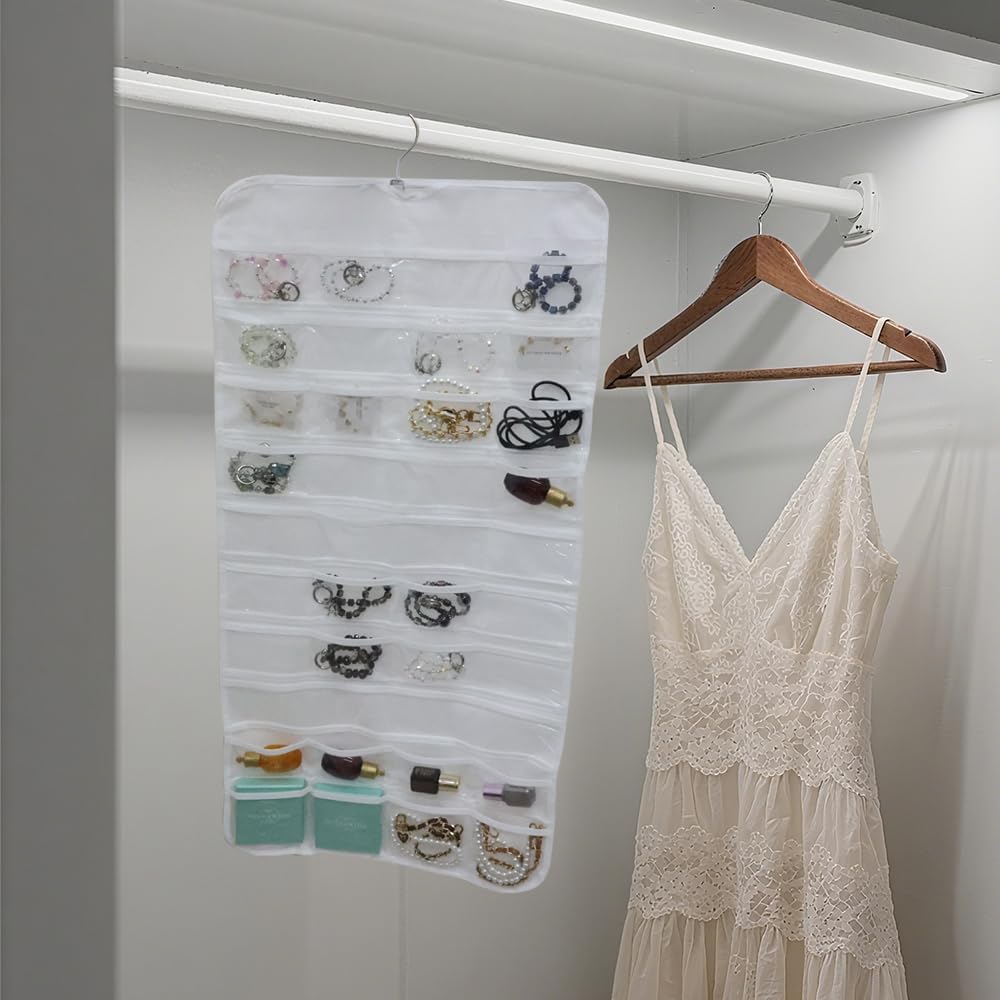 Hanging Jewelry Organizer Pockets Canvas Double Sided Rotating Hanger Necklace Hanging Wall Organizer Jewelry Roll for Earrings, Necklaces,Sunglasses,rings (80-Pocket WHITE)