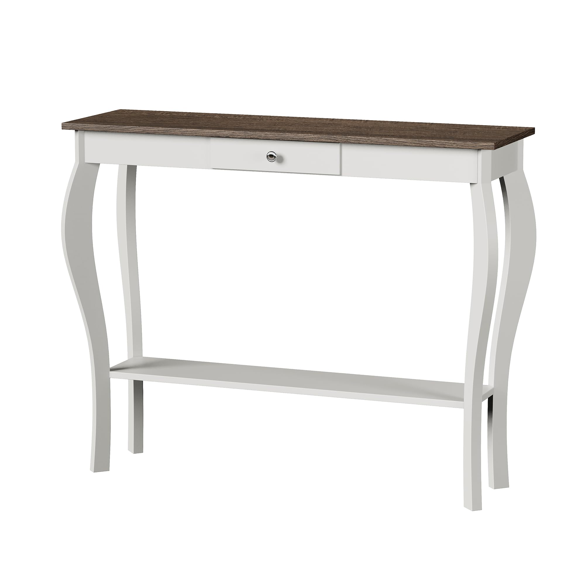 ChooChoo Narrow Farmhouse Console Table with Drawer, Chic Accent Sofa Entryway Table with Shelves for Entryway, Living Room, Hallway, Soft White