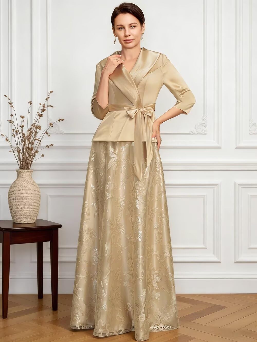 Women's 2 Pieces Mother of The Bride Dresses for Wedding V-Neck Satin Formal Suit Laces Sequin Evening Gowns