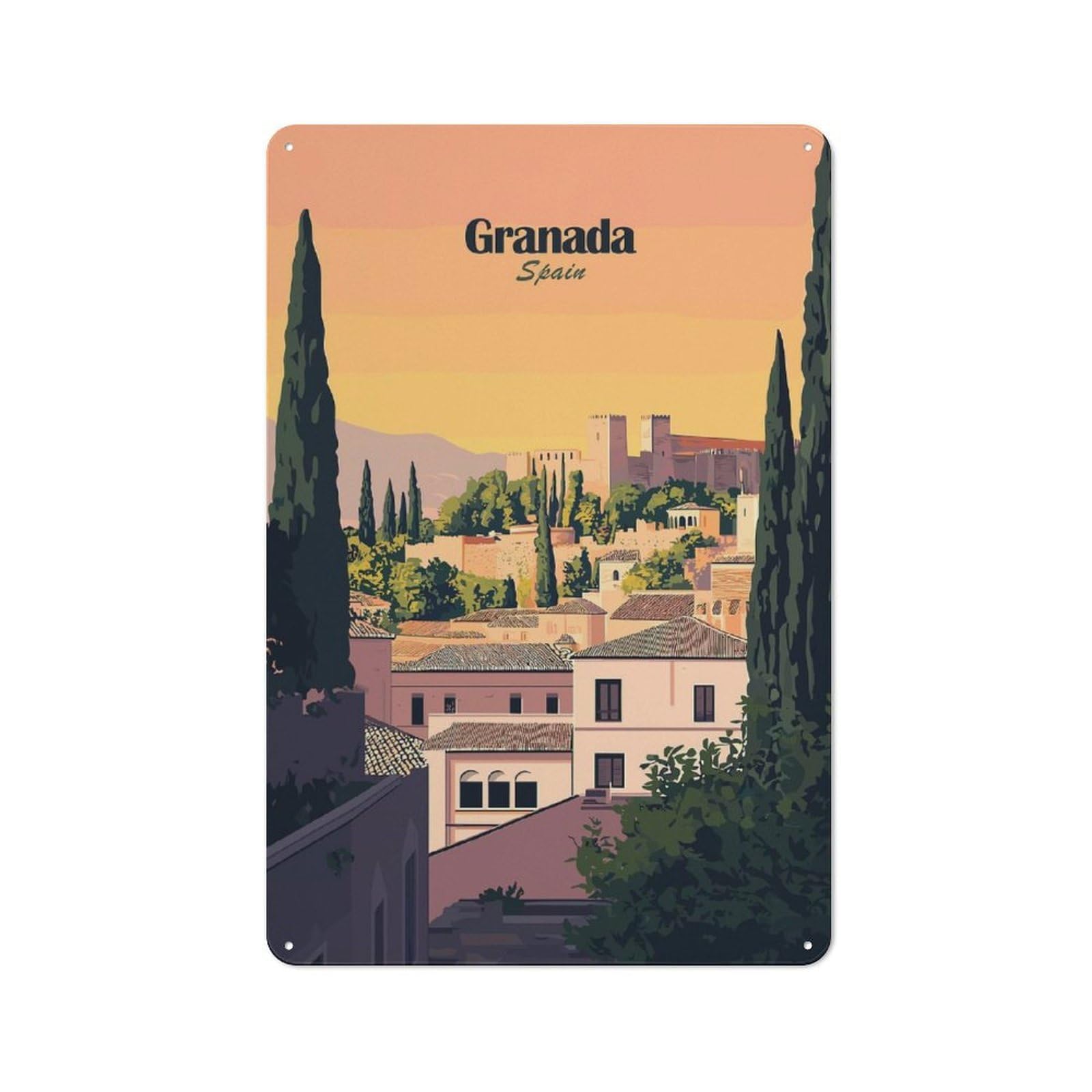 Junmoney Style-3 Granada, Spain Cityscape Vintage Metal Wall Decor 30X20cm, Vintage Metal Sign For Cafe, Bistro, Bakery Or Restaurant