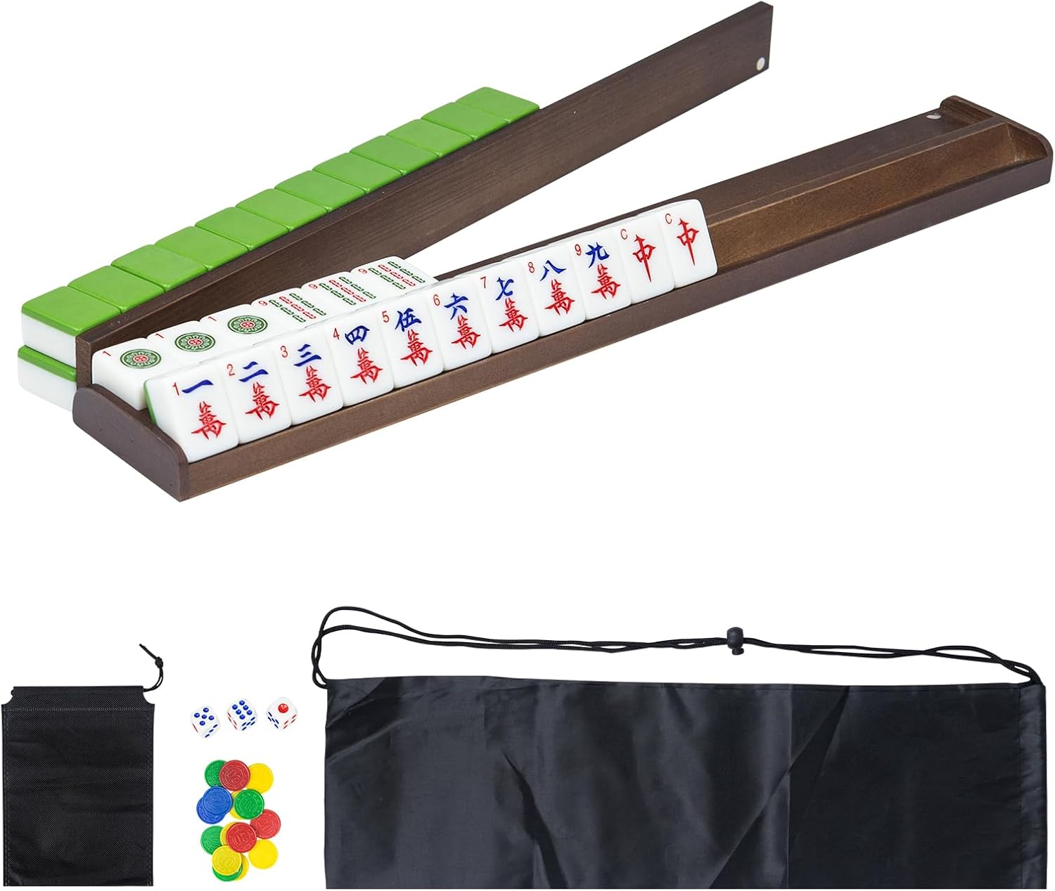 Wooden Mahjong Racks Set with Detachable Magnetic Pushers, 4 Racks & 4 Pushers,Includes 3 Dice, 2 Chip Packs & Carry Bag, Sturdy & Portable Family Game Night Set