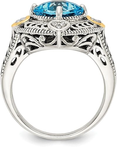 Miniatura 2 de Solid 925 Sterling Silver with 14k Diamond & Blue Simulated Topaz Ring (4mm)