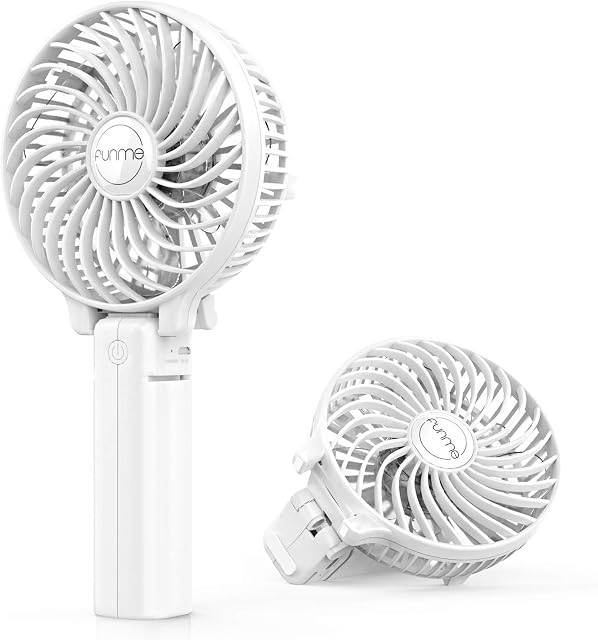 FUNME Mini Handheld Fan USB Electric Portable Fan Outdoor Rechargeable Personal Fan Battery Powered 180° 3 Speeds Foldable Desk Fan Cooling for Desktop School Office Home Travel Camping -White