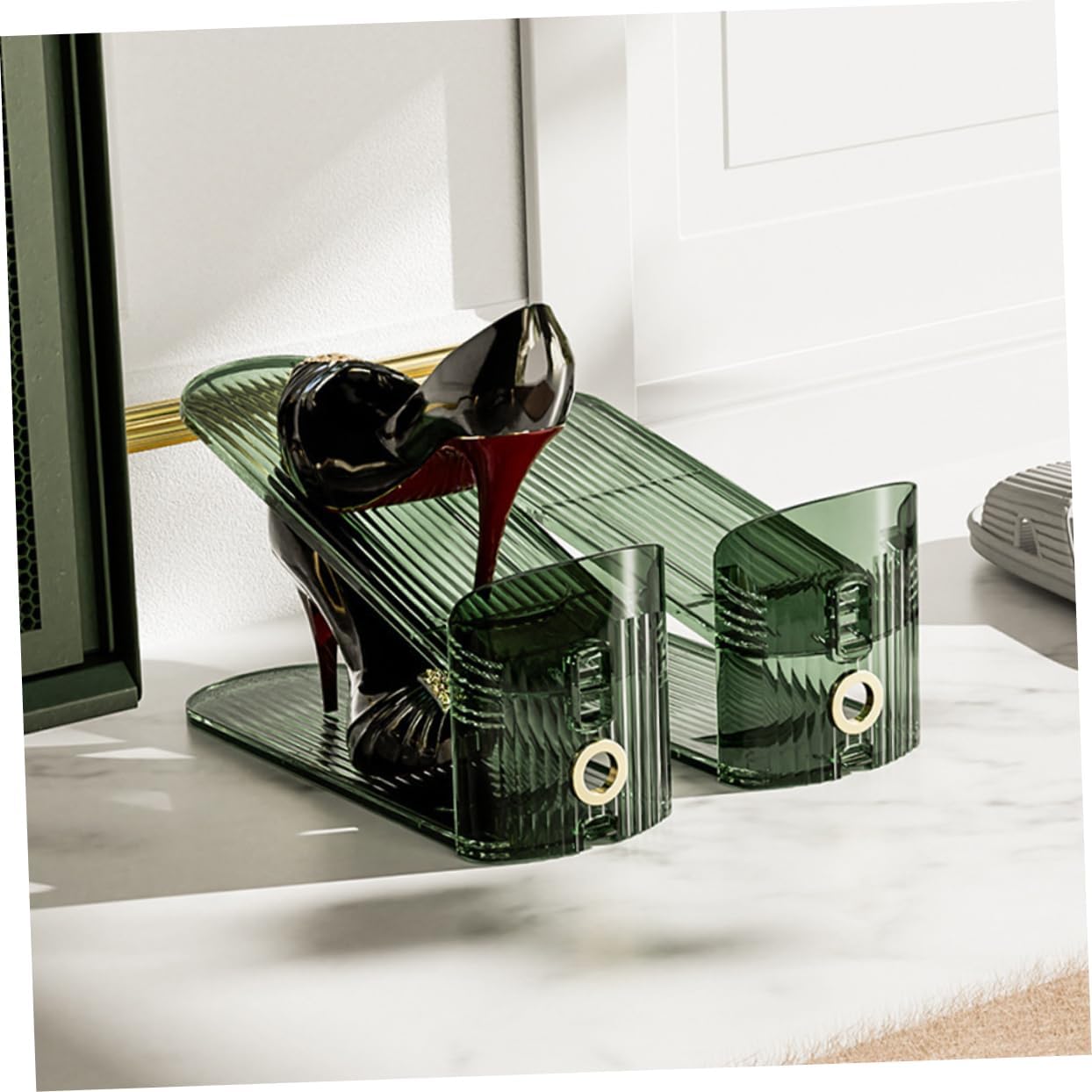 KOMBIUDA 2pcs Adjustable Double-Layer Shoe Rack Organizer for Entryway Living Room Bathroom Space-Saving Shoe Holder for High Heels Sneakers Slippers Olive Green Storage