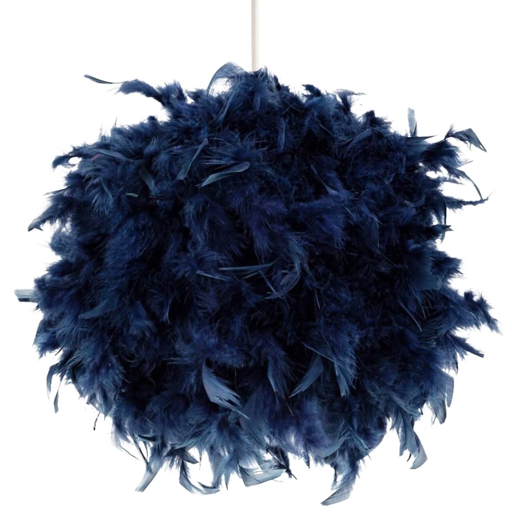 Happy Homewares Large Blue Real Feather Pendant Light Shade - Spherical Designer Decor