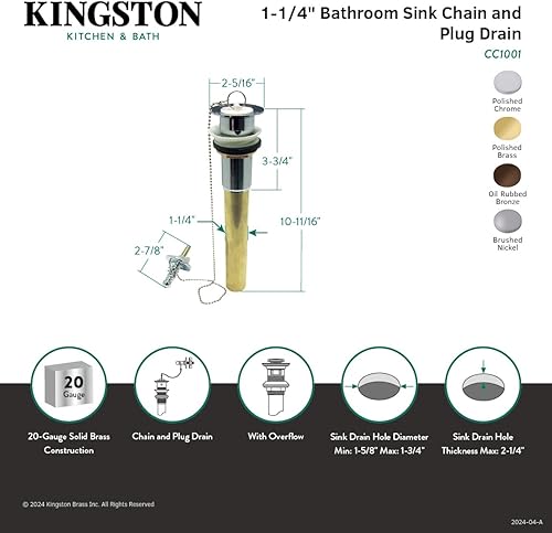 Miniatura 4 de Kingston Brass CC1001 - Desagüe de baño con desbordamiento de cadena vintage y enchufe, 2-516 pulgadas, cromo pulido