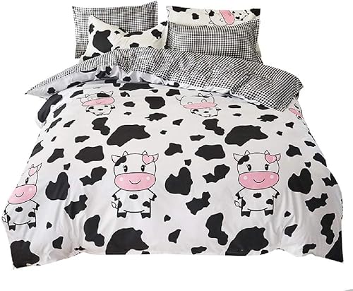 Juego de funda de edredón de dibujos animados para niños y niñas, juego de ropa de cama con estampado de vaca, diseño de rayas, moderno, suave,