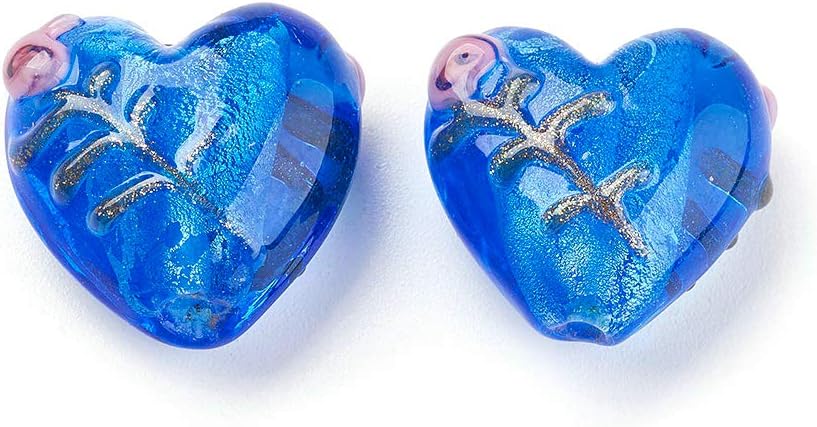 Craftdaday 100Pcs Random Mixed Colors Handmade Silver Foil Lampwork Glass Flower Pattern Heart Beads 14-17x15-17mm Love Heart Sweet Heart Spacer Loose Beads for DIY Jewelry Craft Making