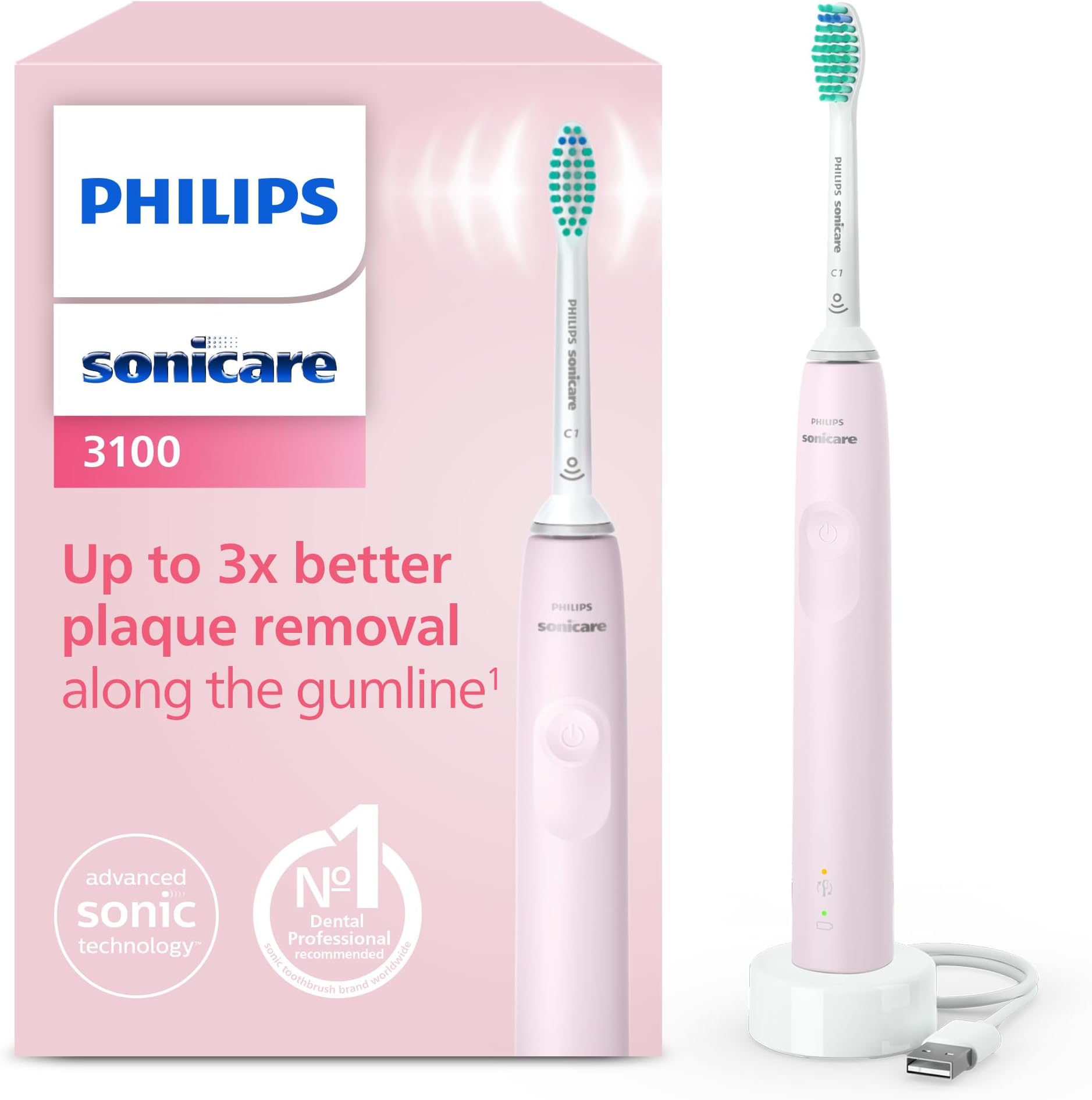 Philips Sonicare 3100 Electric Toothbrush, Sonic Toothbrush, Pressure Sensor and Timer, Sugar Rose, Model HX3671/11