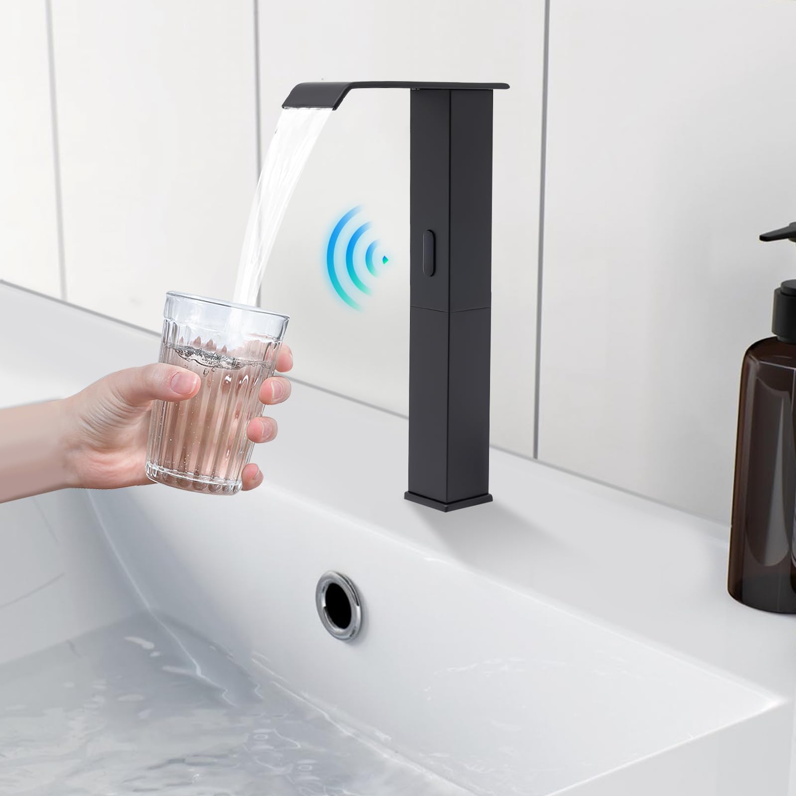 Grifo automático con sensor de infrarrojos, 31 cm de alto, sin contacto, cascada y válvula de temperatura ajustable para cocina y baño (negro)