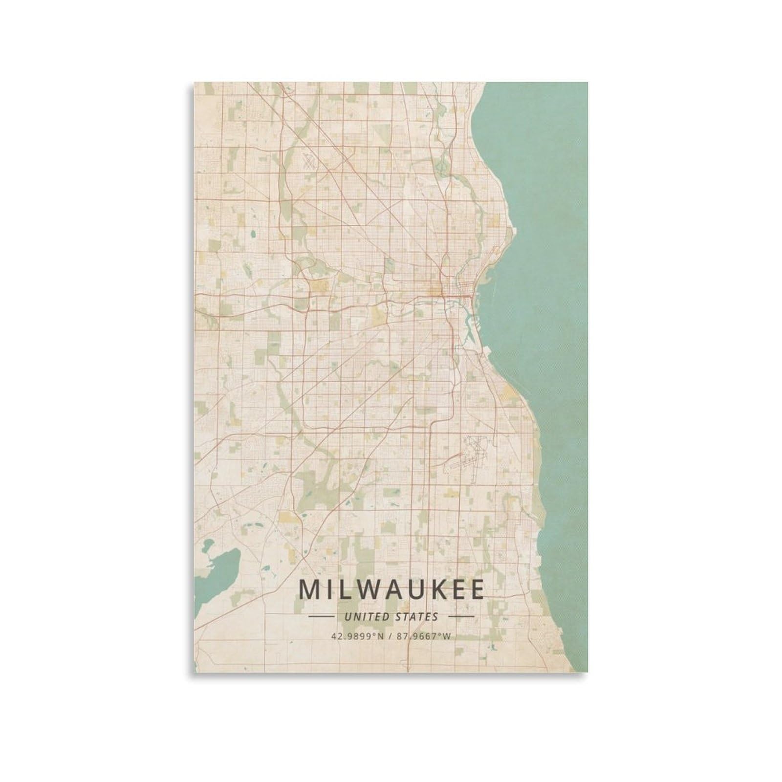 Lzten Unframe Milwaukee United States Map Poster Vintage Print Poster For Room Aesthetics Canvas Wall Art Poster And Print 20X30inch(50X75cm)