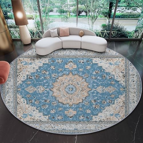 Genérico Alfombra Redonda para Sala de Estar - Marroquí Retro Art Déco Lavable a Máquina Antideslizante Alfombra Redonda 90 cm, Azul Alfombras para Dormitorio Pasillo de Entrada