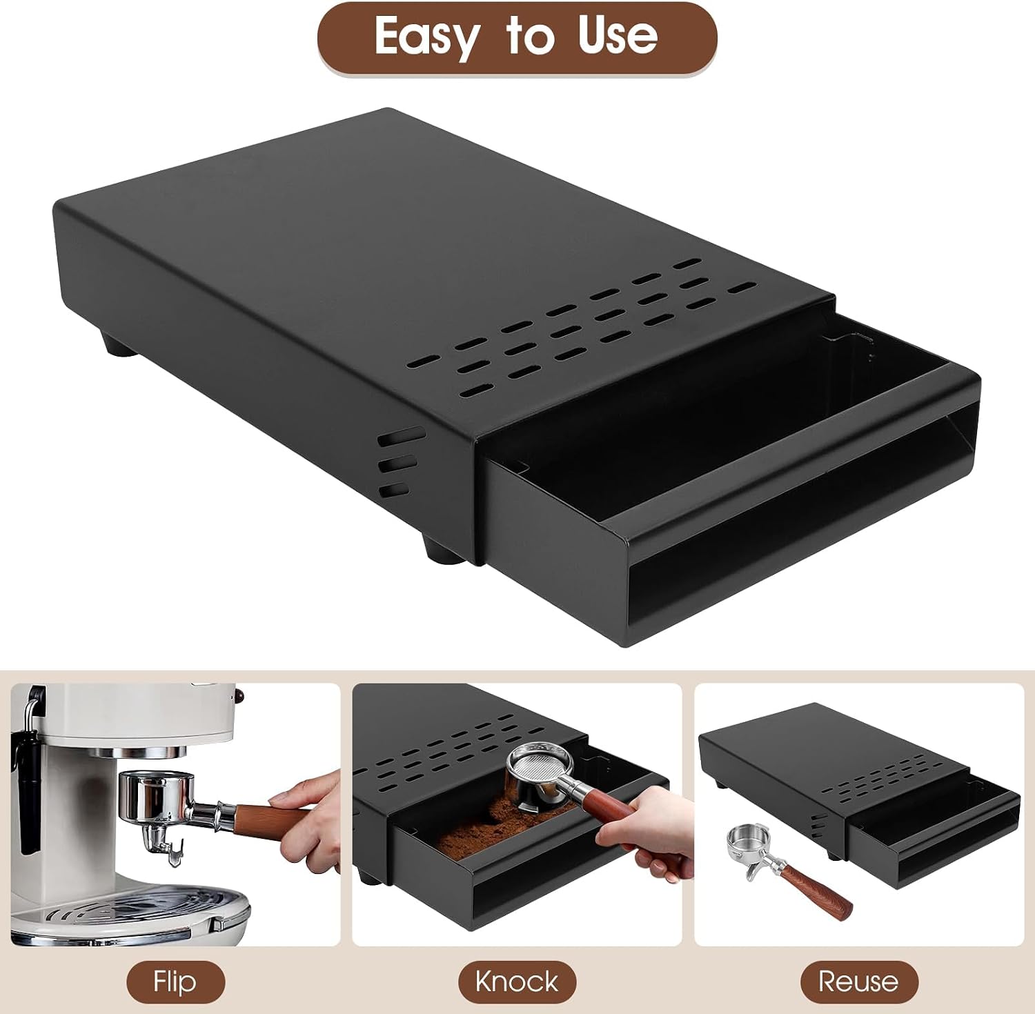 Stainless Steel Knock Box with Lid for Coffee Grounds Disposal, 28 x 18 x 5 cm Espresso Tamp Station with Removable Drawer, Non Slip Feet, Rubber Strike Pad. Suitable for Home, Cafe, Office (Black)