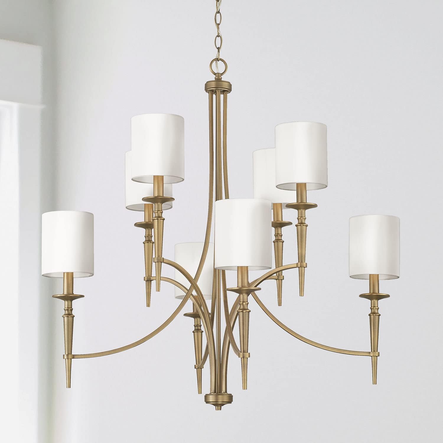 Capital Lighting 442681AD-701 Abbie Transitional White Fabric Stay-Straight Shades Chandelier, 8-Light 480 Total Watts, 36" H x 37" W, Aged Brass