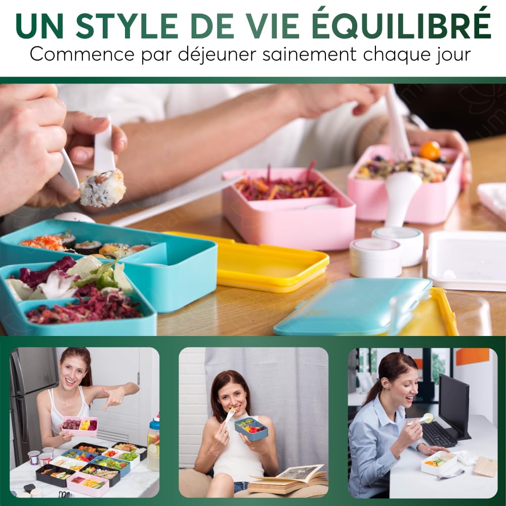 Umami Bento Lunch Box, Couverts & 2 Pots à Sauce Inclus, Boîte à Lunch Étanche, Lunchbox Adulte, Micro-Ondable Boîte Repas Compartimentée