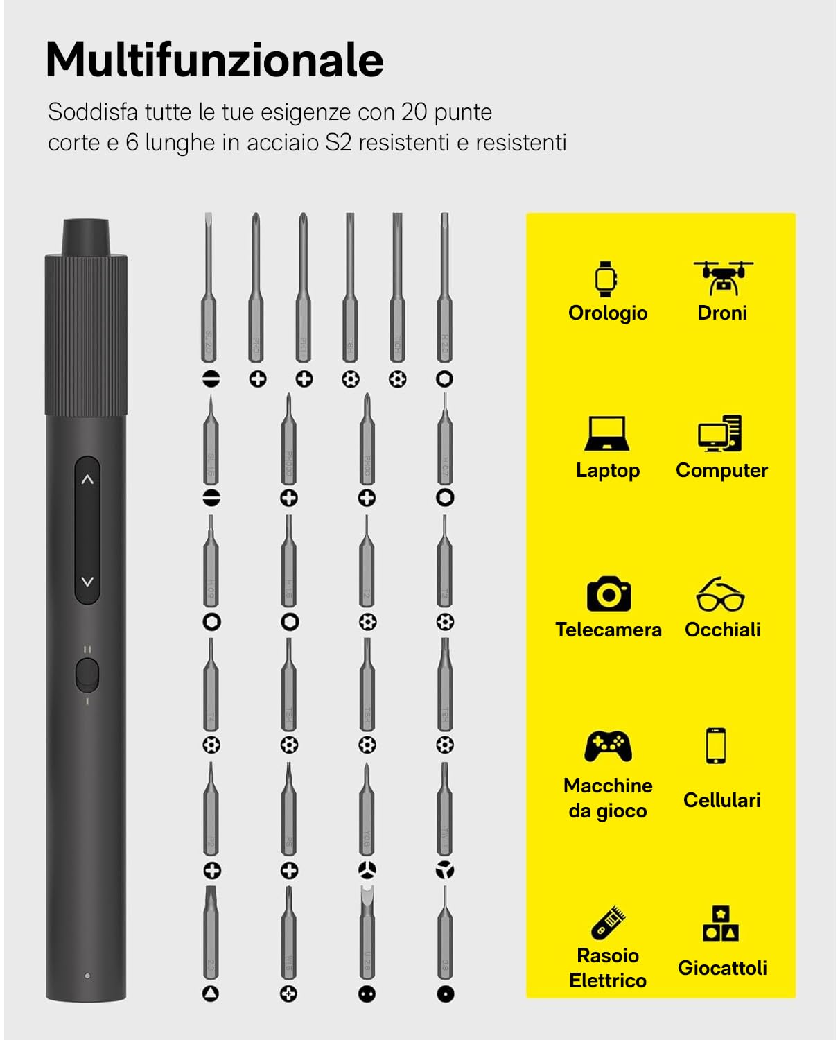 HOTO Set Cacciaviti Precisione, Base Verticale a 110°, Mini Cacciavite Elettrico con Base Ricarica, Coppia 0,05/0,2 N·m, Luce LED, 26 Punte +10 Strumenti Riparazione (Elettronici/Telefoni/Laptop) | Kit cacciavite ricaricabile con punte in acciaio S2, copp