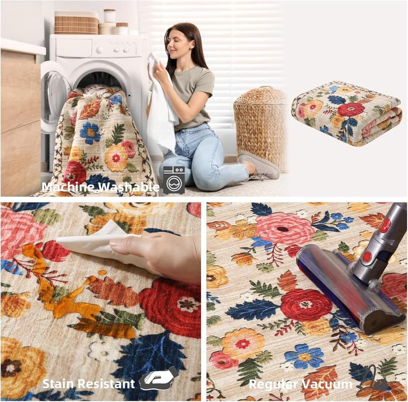 9x12 Area Rug Washable Rugs: Large Living Room Rug Stain Resistant Non Slip Distressed Vintage Floral Rug Low Pile Faux Wool Soft Rugs for Bedroom Bedside Farmhouse Dining Room Kids Playroom Nursery