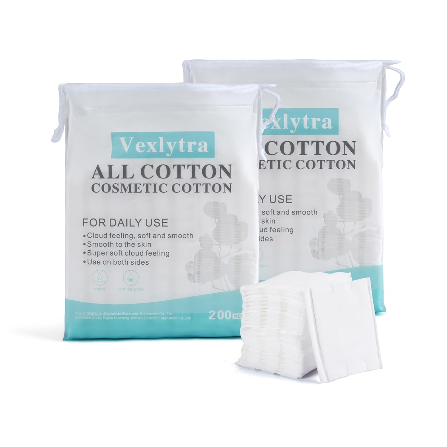 Vexlytra Square Cotton Pads for face, Cotton Squares for Face, Lips & Eyes, 100% Pure Cotton, Hypoallergenic, Ultra-Soft & Lint-Free for Gentle Skincare [400 Pads (2-Pack)​]