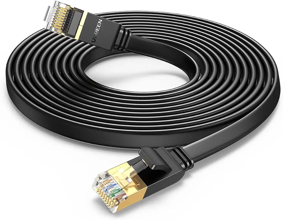 Ugreen Cat7 Ethernet Cable, High Speed 10Gbps 600Mhz/s Shielded LAN Cord Flat Gigabit RJ45 Patch Cords Internet Wire Black for Gaming PS5 Xbox PC Router Modem Smart TV(10M)