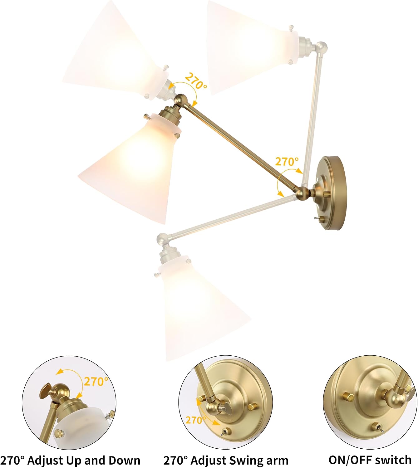 Industrial Vintage Wall Sconce, Slope Pole Wall Mount Single Sconce with Funnel Flared Matte Milky Glass Shade, Swing Arm Wall Sconce Light Fixture Hardwired