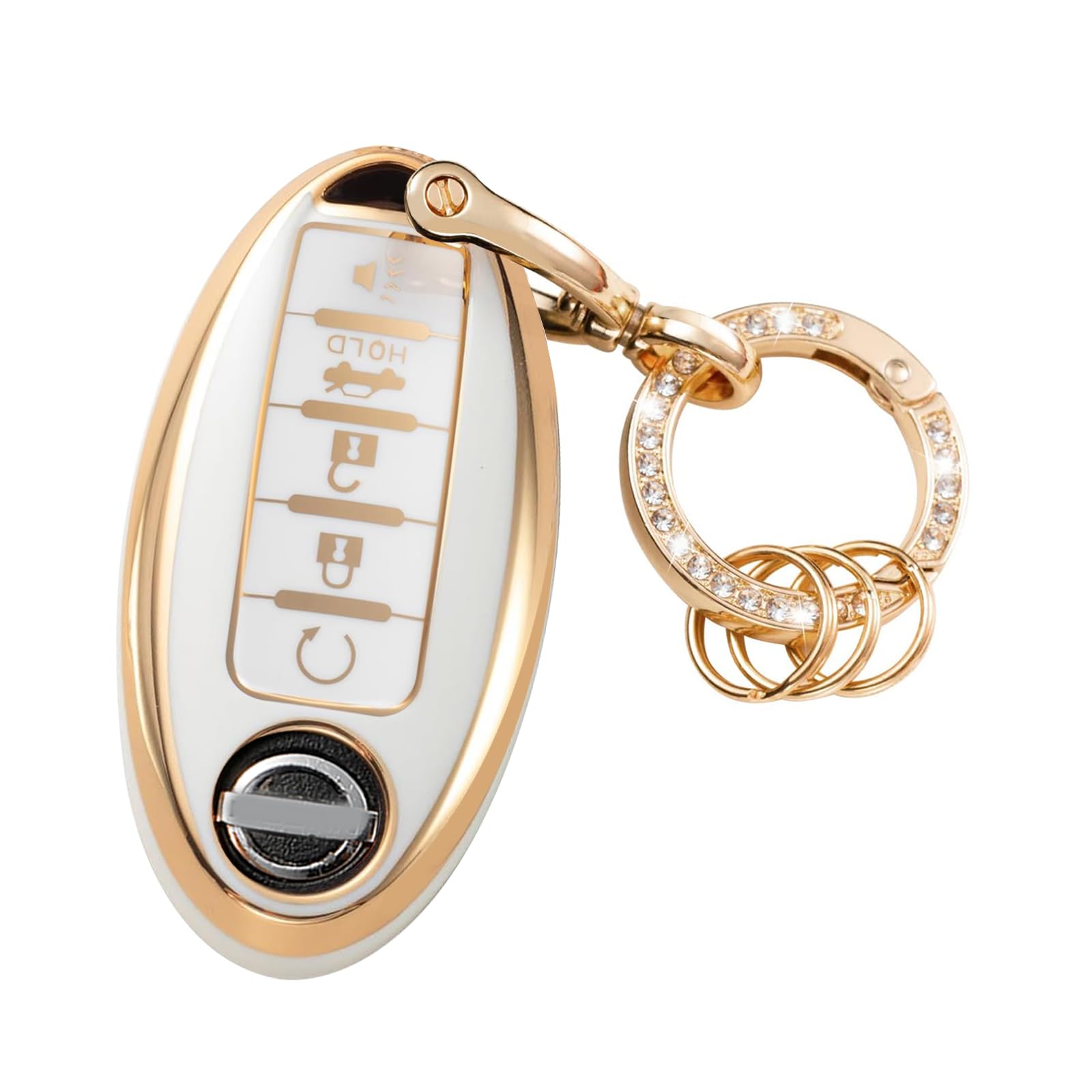 WSAuto for Nissan Key Fob Cover 5Buttons TPU Protection Car Key Case Shell with Fashion Gold Bling Keychain Compatible with Nissan Altima Maxima