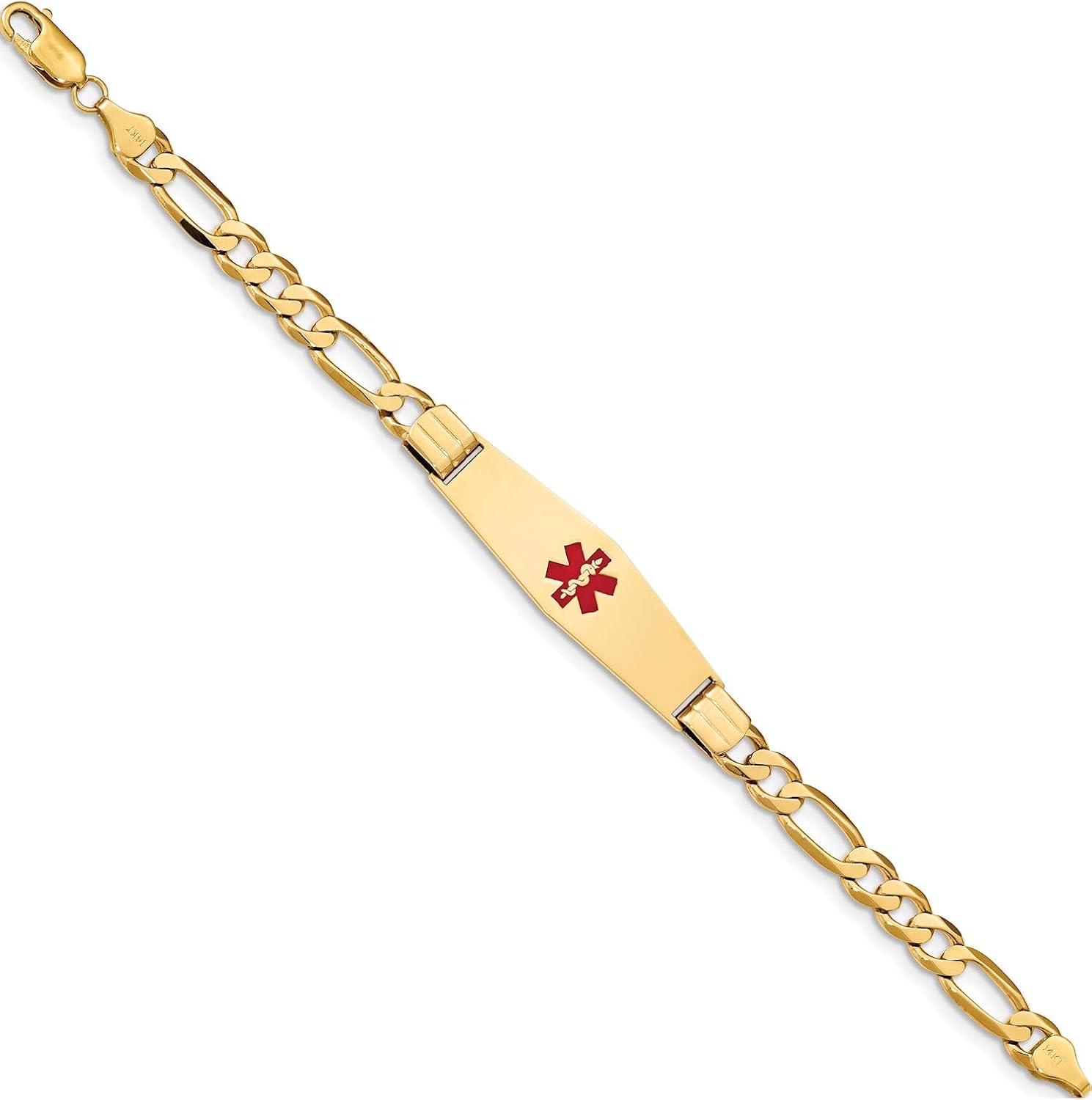 14K Yellow Gold Medical Soft Diamond Shape Red Enamel Flat Figaro Link Id Bracelet (Length=8) (Width=12.5)