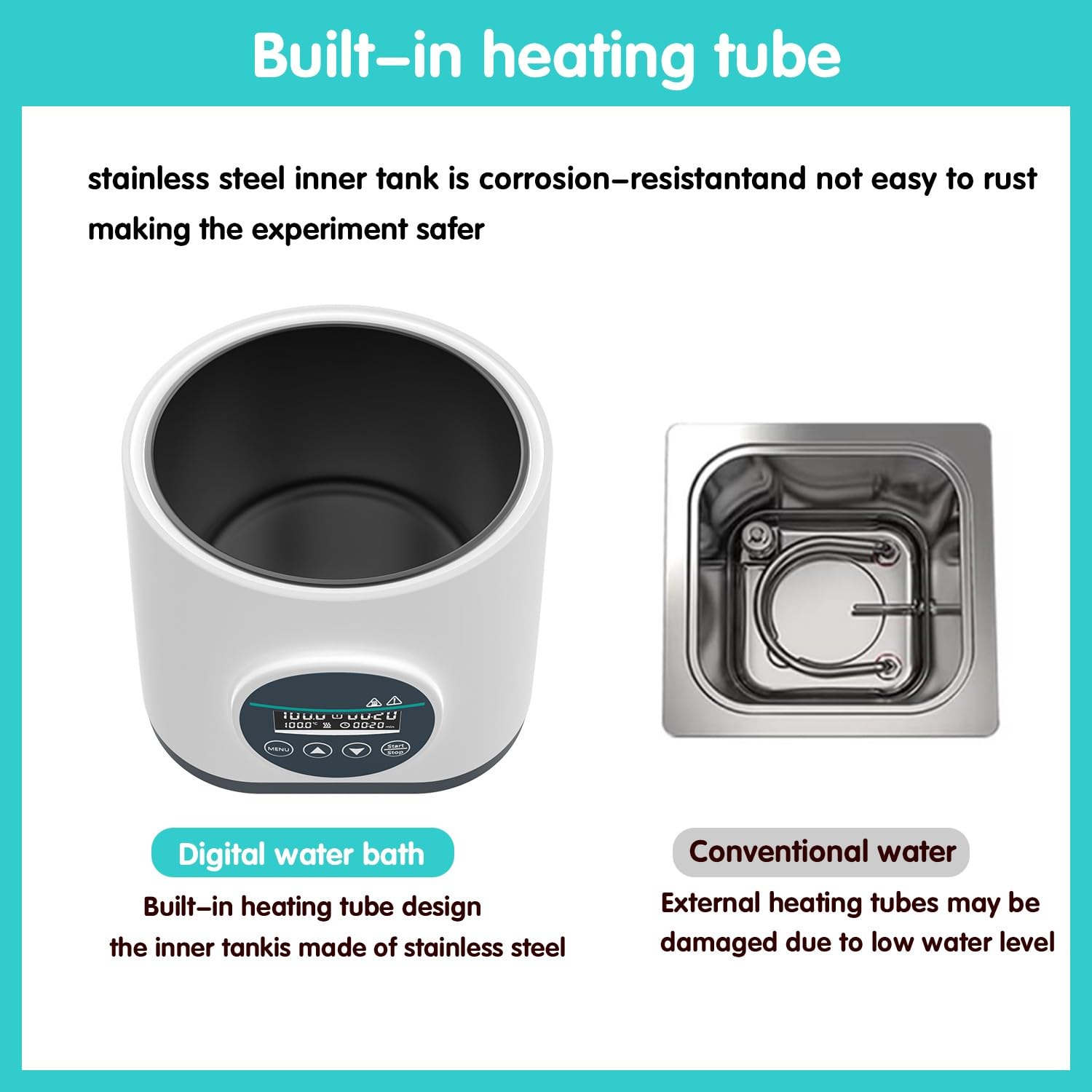 Digital Water Bath WB-2S, 304 Stainless Steel Tank, Ambient+5°C to 100°C Heating Range, ±0.1°C Accuracy, 24H Timer, Dual Dry-Burn Protection for Laboratory Thermostatic Applications
