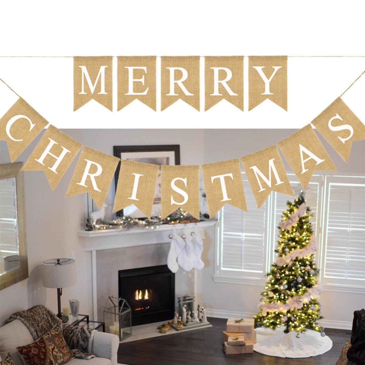Genérico Pancarta Colgante Banderín de Arpillera Chic Letras de Feliz Navidad de Lino para Decoración Interior y Exterior y Ornamento para Fiestas Navideñas