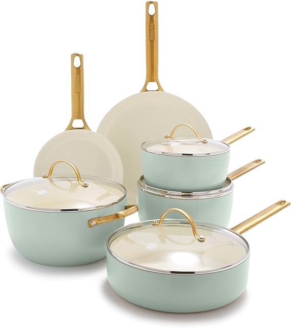 GreenPan Reserve Hard Anodized Healthy Ceramic Nonstick 10 Piece Cookware Pots and Pans Set, Gold Handle, PFAS-Free, Dishwasher Safe, Oven Safe, Julep Green