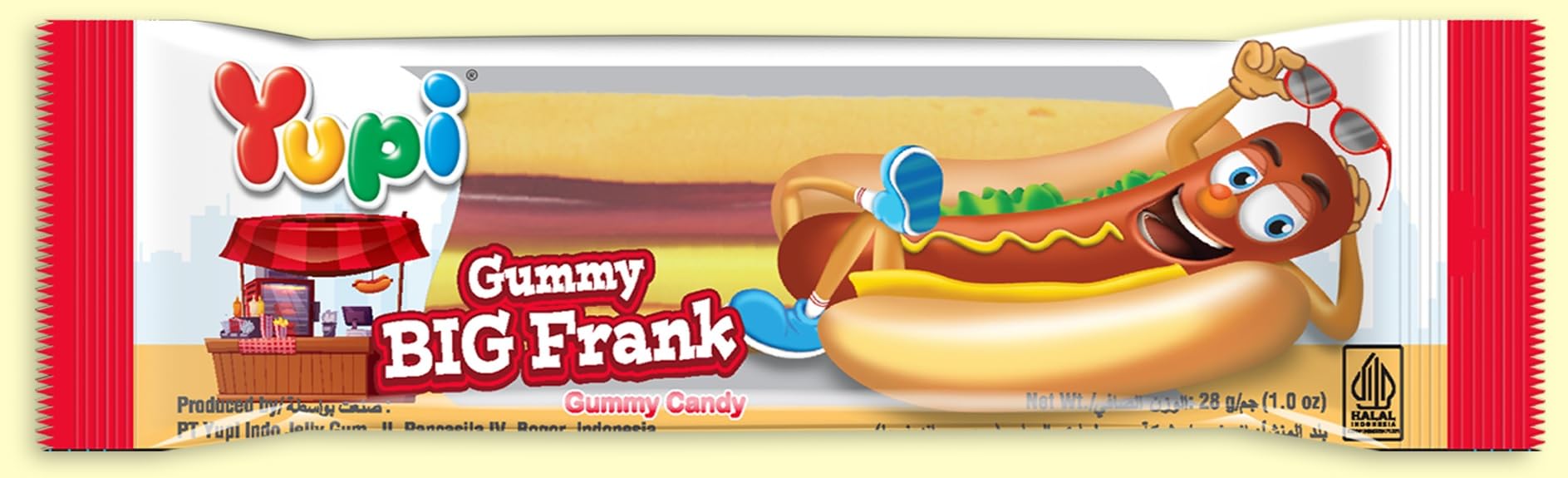 Yupi Big Frank Gummy Candy, 28g, Individually Wrapped Hot Dog Shaped Gummies, Fun Snack for Kids & Adults, Halal Certified