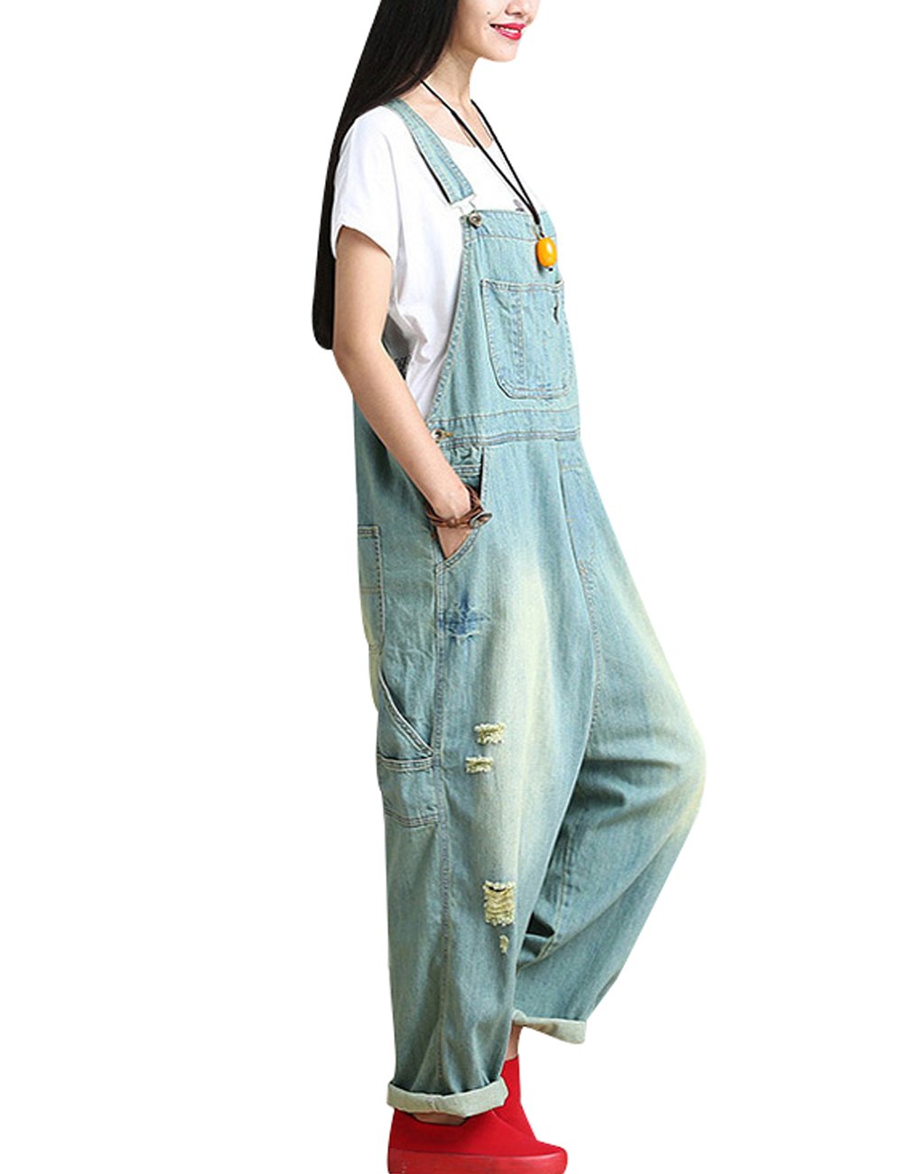 Youlee Femmes Été Pantalon large Denim Salopette Pantalon de jumpsuit
