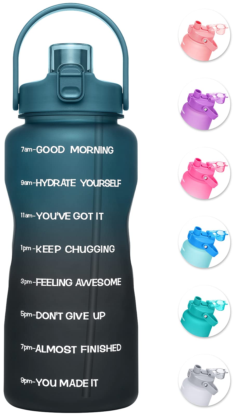 Unistar Half Gallon Water Bottle with 2-in-1 Lid (Straw lid/Chug Lid), 64oz Large Capacity Water Jug BPA-free Gallon Water Bottle, Leak-proof Water Jugs, Water Bottle with Time marker for Gym Outdoor