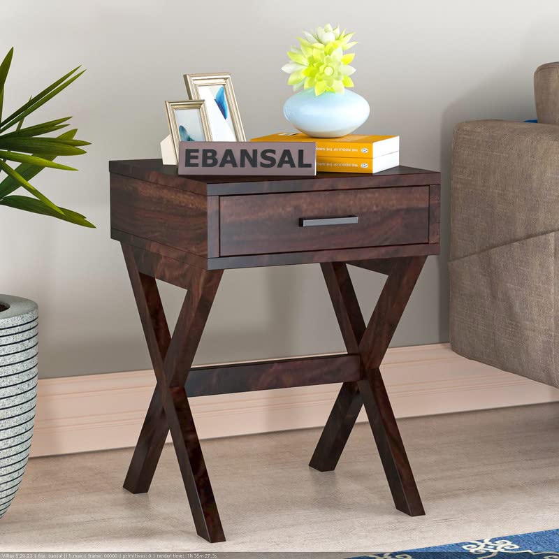 Image of Solid Wood Sheesham Sofa Side Table with 1 Drawer - Walnut Finish