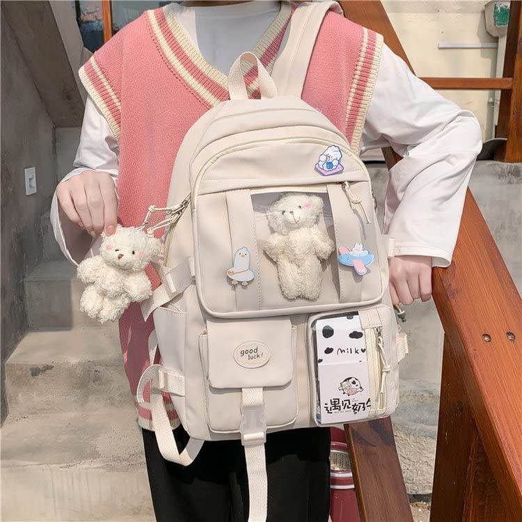 School Backpack for Teen Girls Back to School Aesthetic Cute Adorable Lovely with Pin and Cute Accessory (White)2