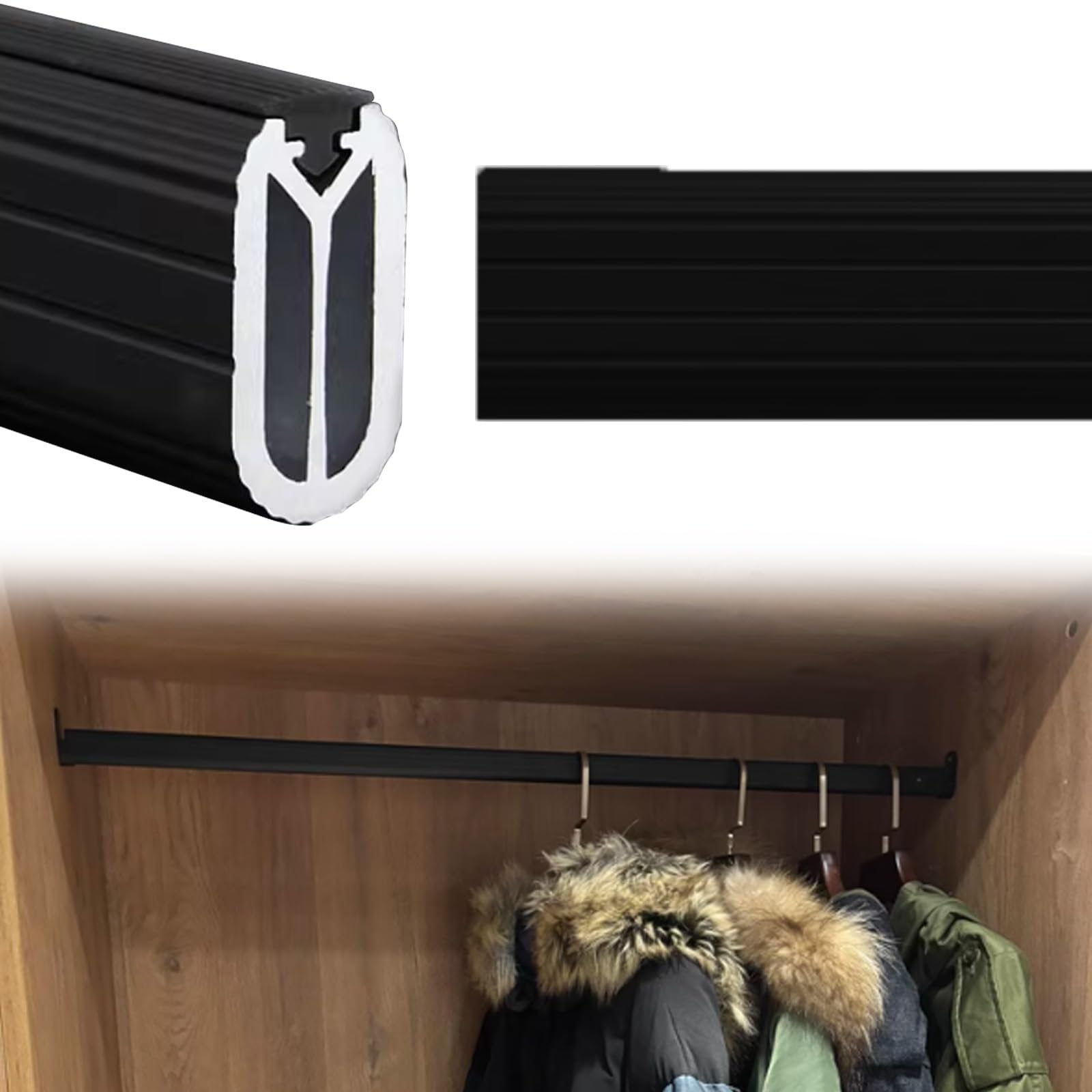Wardrobe Hanging Rail Set, Heavy Duty Garment Rack Bar With Closet Pole Support Bracket,Clothing Hanging Tube(Black,26in(66cm))