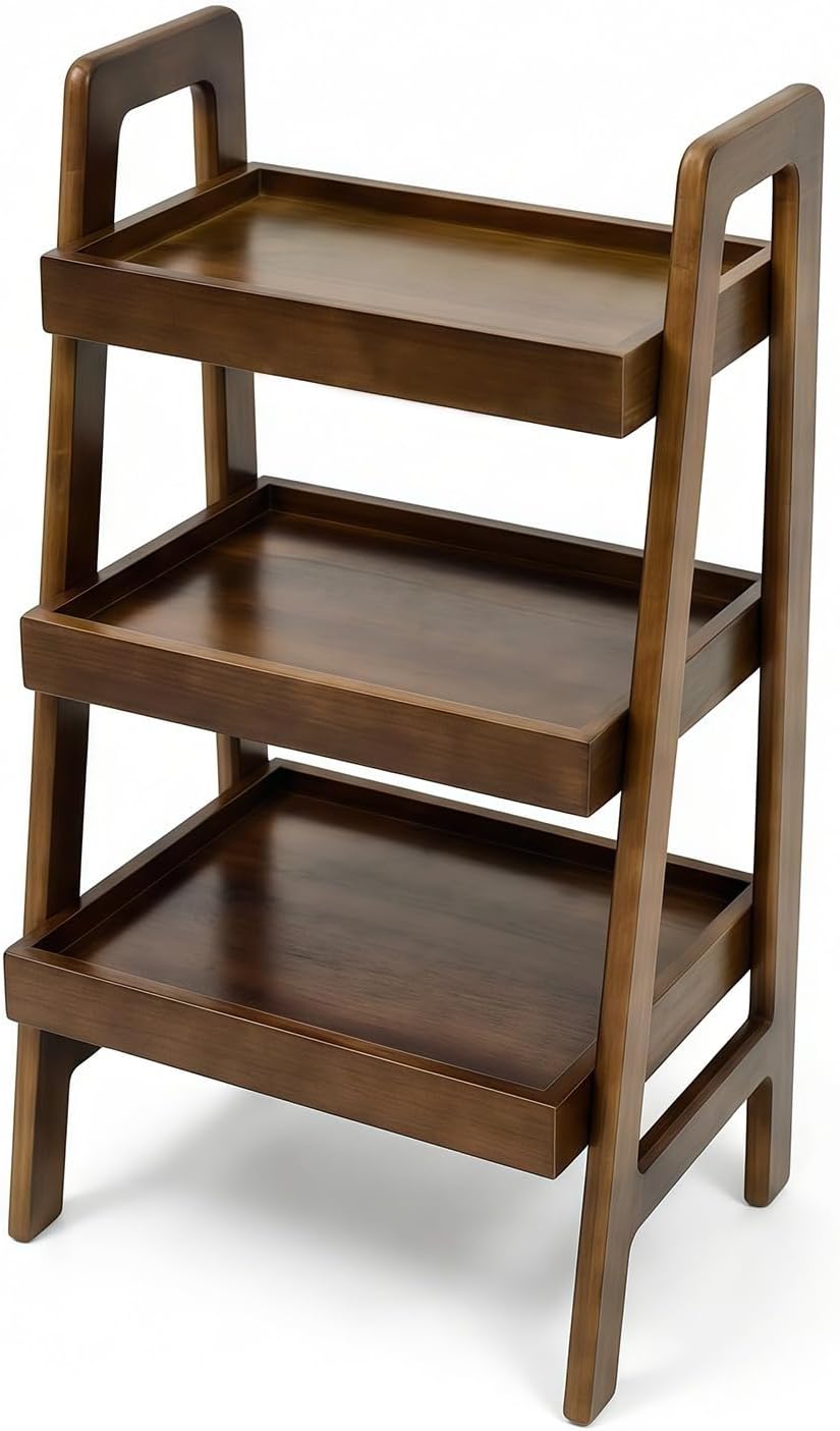 Solid Wood Ladder Frame, Three Story Small Ladder Bookshelf, Independent Ladder Frame with Open Storage, Walnut Side Table