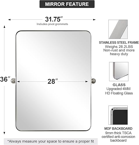 Miniatura 7 de Espejos de baño de oro cepillado de 28 x 36 pulgadas para pared, espejo giratorio de baño con marco de metal de latón con esquina redondeada,