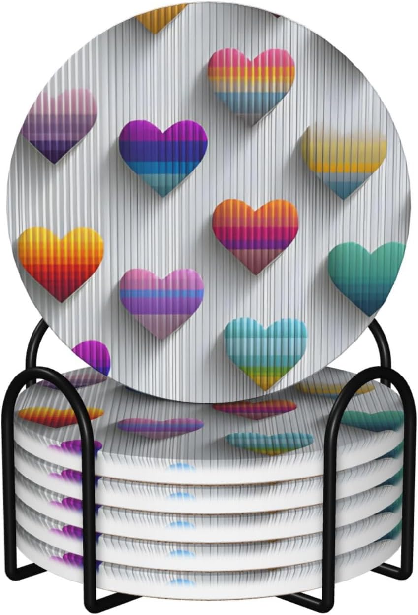(Rainbow Heart) Ceramic Coasters Set of 6 with Holder Non-Slip Round Coffee Coasters for for Cup Mug Drink Patio Coffee Table Decor, Christmas Coasters Home Bar Supplies
