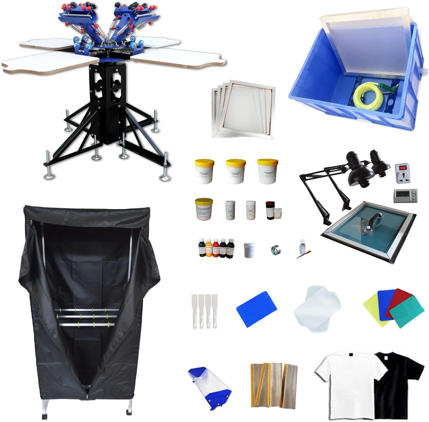 Tianiuseen 4 Color 4 Station Screen Printing Kit Micro-Adjust Silk Printing Press Equipment Materials with 16 * 24inch Drying Cabinet UV Exposure Unit Water Tank for T-Shirt Printing